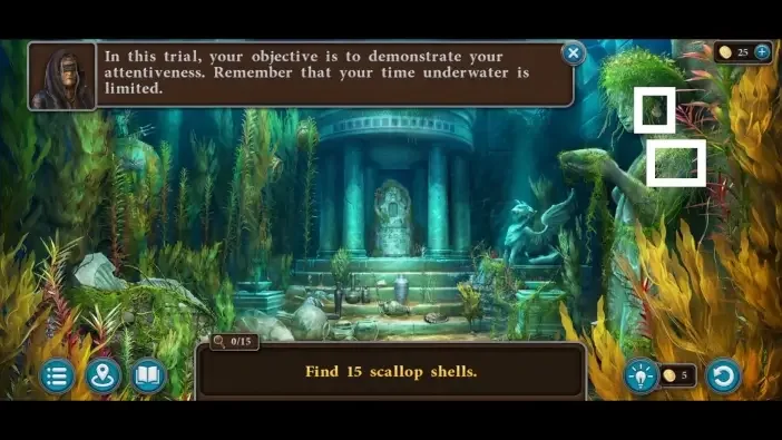 Legendary Tales 5, chapter 3: Water Trial scallop hunt — scene and mechanism
