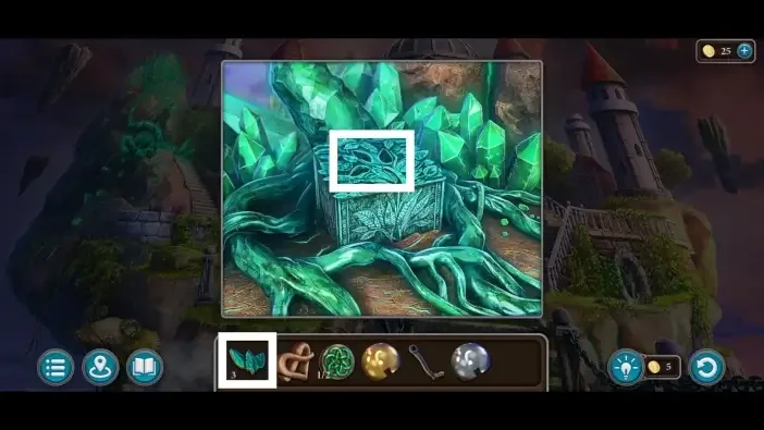 Legendary Tales 5, chapter 3: Courtyard chest leaf puzzle — scene and mechanism